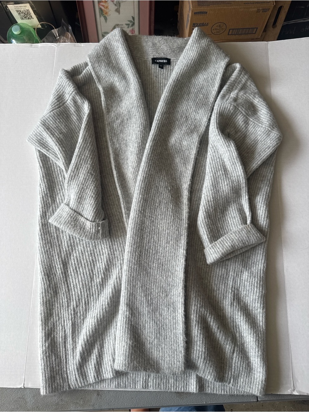 Express Light Gray Ribbed Shawl Collar Open Cardigan